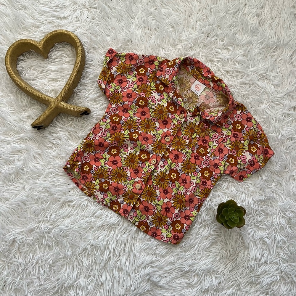 Wonder Nation Pink and Orange Button Down Shirt Floral Design